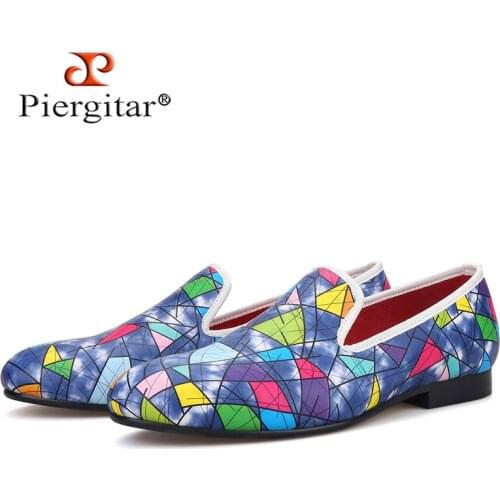 Piergitar new handmade men PU shoes with colorful printing British style mens casual shoes party and prom men loafers plus size