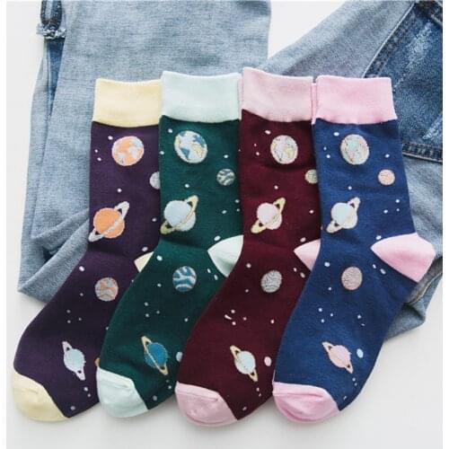 Cartoon Cosmic Planet Personality Vintage Color Funny Harajuku Womeen Socks hip hop streetwear Casual Cotton Socks Autumn Winter