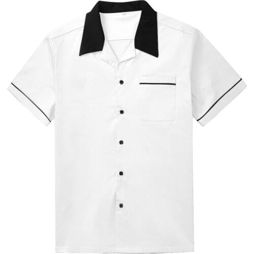 Fashion Black Collar White Shirts Men Short Sleeve Cotton Rockabilly Men Shirts Big Size Casual Western Shirts Man Work Clothes