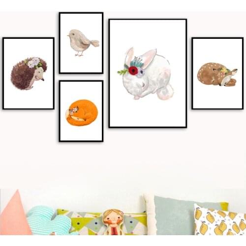 Nordic Cartoon Bunny Deer Hedgehog Bird Flower Wall Art Canvas Painting Posters And Prints Pictures For Kids Room Home Decor