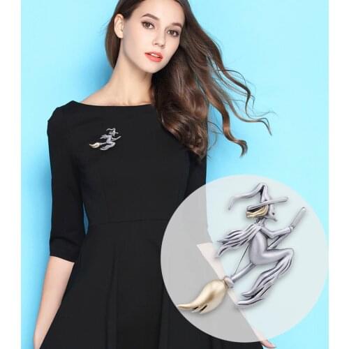 Top Quality Unique Metal Witch Riding A Broom in Flight Painted Yellow Oil With Hat Brooch Magical Halloween Mother Gift Jewelry