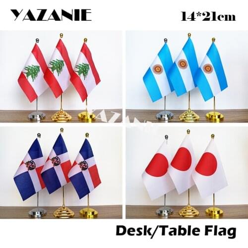 YAZANIE 14*21cm Lebanon Argentina Japanese Desk Table Flag with Plastic Stand Dominican Republic Japan Small Table Flag Display
