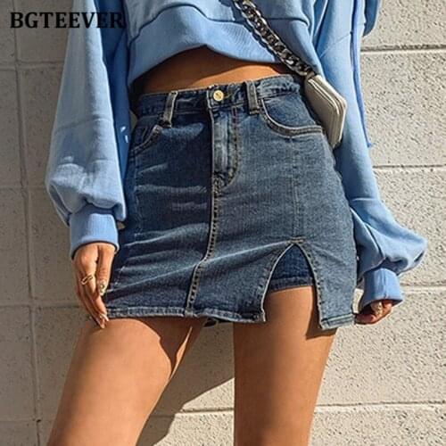 BGTEEVER 2020 Summer Fashion Split Female Denim Shorts High Waist Slim Women Jeans Shorts Ladies Streetwear Shorts Skirts