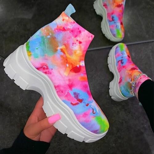 Women Vulcanized Shoes Candy Color Chunky Sneakers Stretch Knitting Sock Boots Plus Size Ladies Short Boot Platform Female