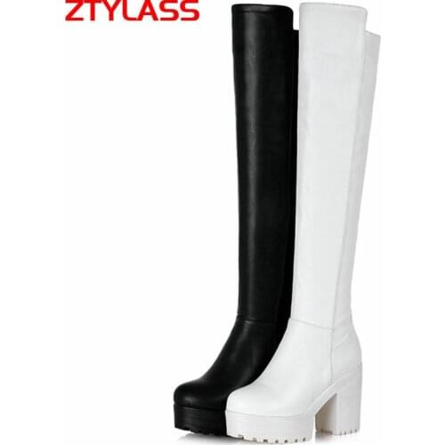 2021 Platform Women Boots Fashion Thick High Heel Knee High Boots Autumn Winter Zipper Long Boots Black White