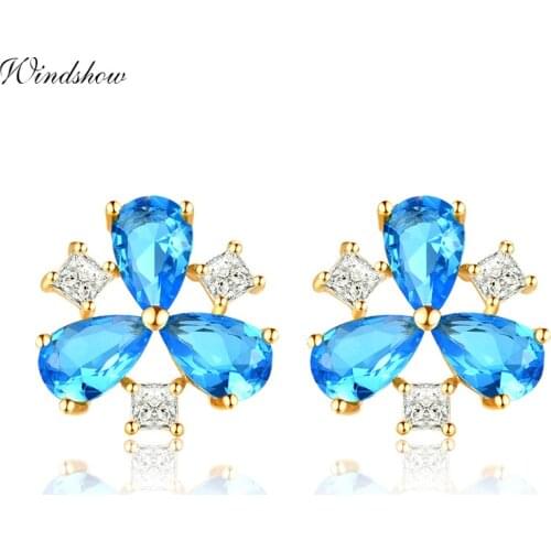 Three Leaf Clover Triangle Light Blue Crystal Stud Earrings for Women Gold Color Jewelry Aros boucle d'oreille Femme Aretes