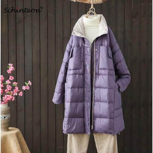 Schinteon Women Long Down Jacket Casual Loose Autumn Winter Warm White Duck Down Outwear Stand Collar Solid Color Coat New