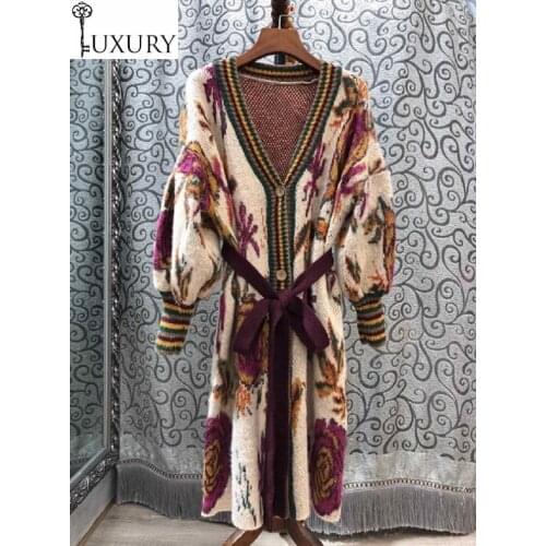 Casual 2020 Autumn Winter Women Vintage Patterns Knitting Belted Long Sleeve Sweater Cardigans Wool Outerwear