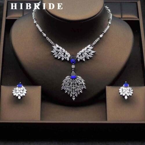 HIBRIDE Top Crystal CZ Bridal Jewelry Sets Elegant Flower Shape White Gold-Color Necklace Earring Set parure bijoux femme N-282