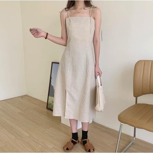 Hzirip Korean Square Neck Gentle Linen Slim Hot 2021 Casual Chic Fashion Solid Color All-Match Ladies Sleeveless A-Line Dress