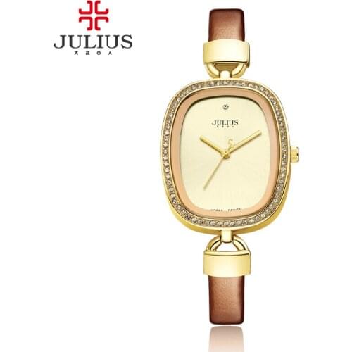 Julius Ladies Charm Watch Elegant Gold Dress Clock Fashion Crystal Slim Leather Band Sparkling Montre Japan Quartz Movt JA-298