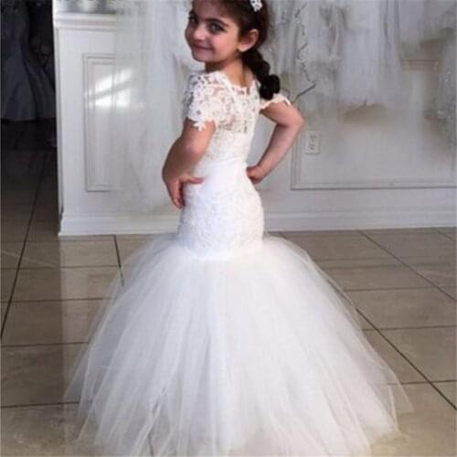 Flower Girl Dresses Lovely Mermaid Tulle Short sleeve Lace Applique Kids Pageant Gown First Holy Communion Pageant Party Dresses