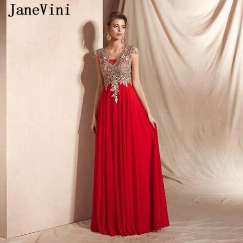 JaneVini Elegant Red Plus Size Long Prom Dresses 2019 Deep V Neck Gold Lace Appliques Beaded Chiffon A Line Formal Party Gowns