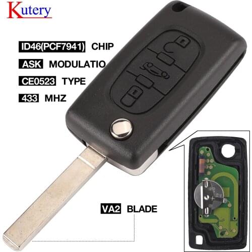 Kutery VA2 Car Key ASK 433 mhz ID46 - PCF7941 For Peugeot 207 407 306 Partner ect 3 Button Flip Remote Fob CE0523