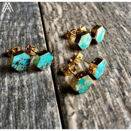 Natural Turquoises Stone Hexagonal Beads Stud Earring Bohemia Women Natural Stone Statement Earring Jewelry Gift ER004AMBB
