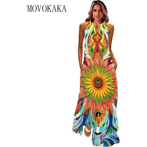 MOVOKAKA Big Flower Print Girls Beach Dress 2021 Casual Plus Size Long Dresses Summer Woman Sleeveless Maxi Dress Women Elegant