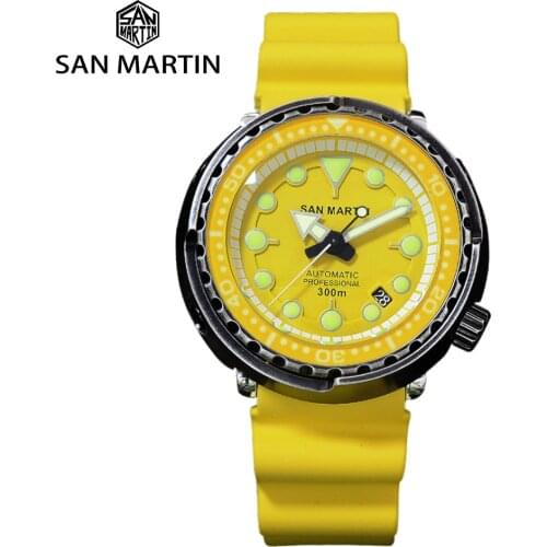San Martin Men Automatic Mechanical Watch Self Winding Retro Black Aging 30Bar Water Resistant Fluoro Rubber Sapphire Crystal