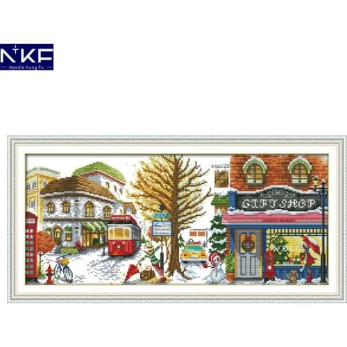 NKF Winter Street Chinese Cross Stitch Pattern DIY Kits Needlework Embroidery Painting Cross Stitch Sets for Home Decor