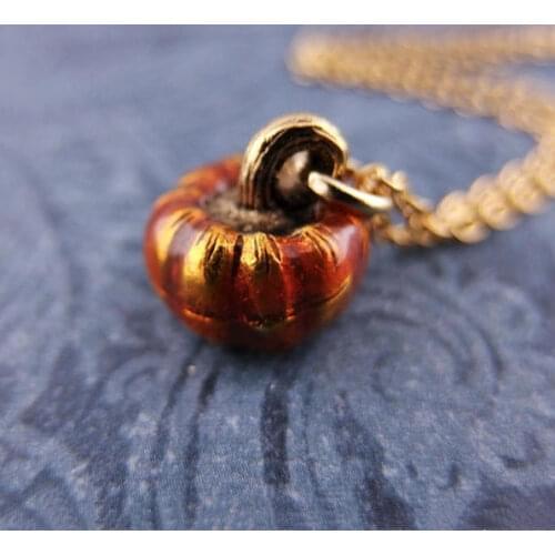 Orange Pumpkin Necklace - Orange Enameled Antique Gold Pewter Pumpkin Charm