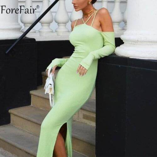 Forefair Autumn Halter Neck Green Dress With Sleeve 2021 Summer Women Fashion Off Shoulder Split Sexy Bodycon Maxi Dresses Party