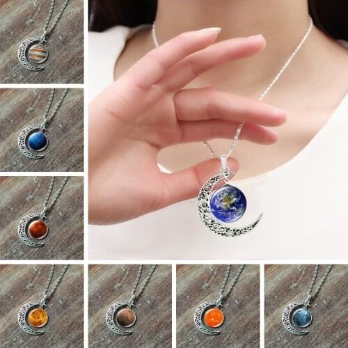 2020 Galaxy Planet Pendant Necklace Handmade Universe Nebula Jewelry Charm Crescent Moon Silver Color Necklace for Women Men
