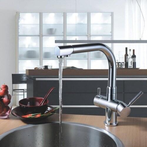 High quality All brass Black chrome polished Rotatable 3 Way hot & cold kitchen sink mixer faucet 2 holes drinking water tap