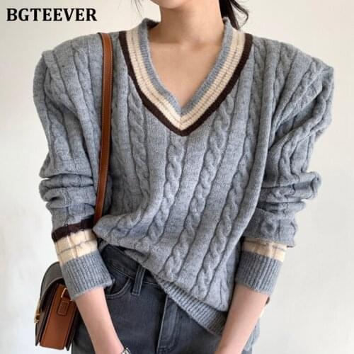 BGTEEVER Casual V-neck Patchwork Pullovers Sweaters Full Sleeve Loose Female Twisted Striped Knitting Tops Ladies Knitwear 2021