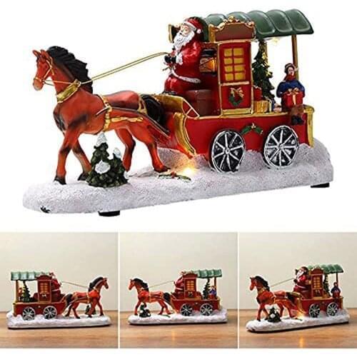Christmas Luminous Carriage Ornaments Crafts Resin Carriage Horse-drawn Cart Santa Prop Xmas House Desktop Home Decoration