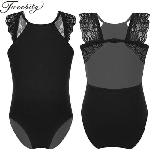 Kids Girls Sleeveless Lace Cutout Back Ballet Dance Wear Gymnastic Leotard for Teen Stage Performance Jumpsuit Ballerina Clothes