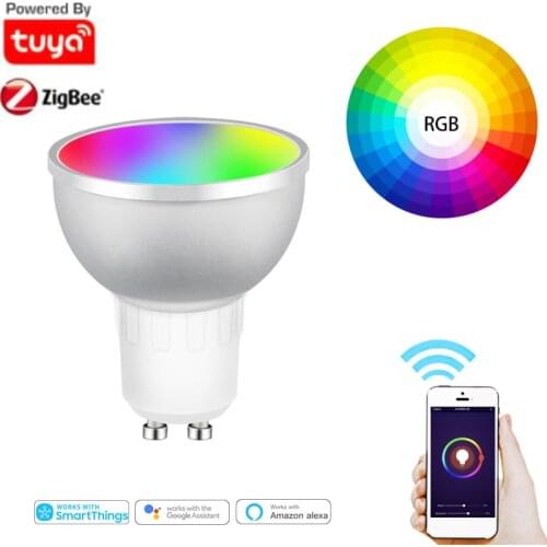 Tuya Gu10 LED Smart Light Bulb Zigbee 3.0 RGBCW Colorful 5W Dimming Toning Light Cup Warm White Light With Alexa Echo Smart Home