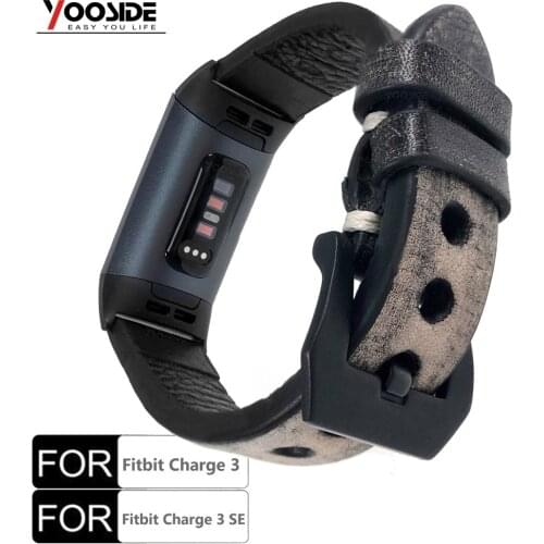 YOOSIDE for Fitbit Charge 3 Band Hand-made Genuine Leather Vintage Stainless Steel Clasp Wristband Strap for Fitbit Charge 3 SE