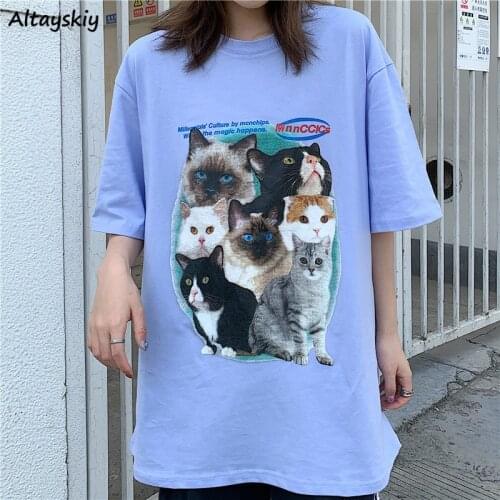 Women 5 Quarter Sleeve T-shirts Animal Cat-printed Harajuku Streetwear Baggy Woman Tshirts Students Teens All-match Ulzzang BF
