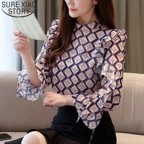2020 Ladies Tops Chiffon Blouse for Women Tops Womens Tops and Blouses Ruffles Print Stand Flare Sleeve Korean Blusas 8504 50