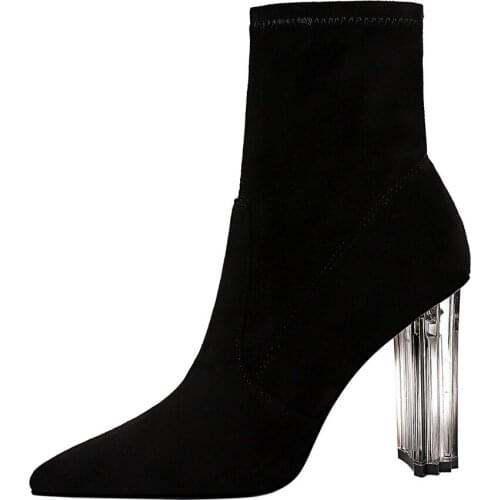 Women Suede Ankle Boots High Transparent Heels Pointed Toe Booties Shoes B1