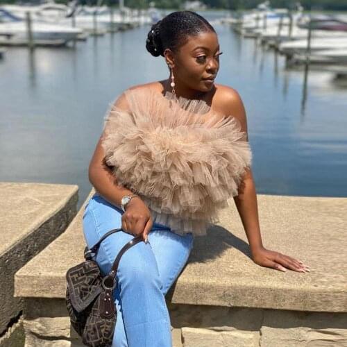 Chic Nude Tulle Crop Top Fashion Ruffled Tiered Mesh Women Blouse Shirt Cute Puffy Tulle Short Tops Custom Made ropa mujer