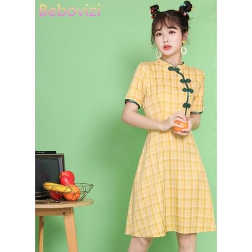Plus Size M-4XL 2021 New Summer Short Sleeve Yellow Grid Qipao for Women Chinese Modern Cheongsam Party Casual Traditional Dress