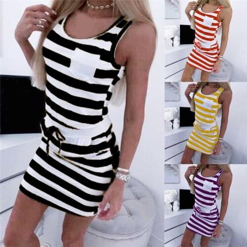 Plus Size Dress 2021 Summer Women Short Sleeved Casual Sleeveless Stripe Print Straight Dress Tunic Waist Dresses