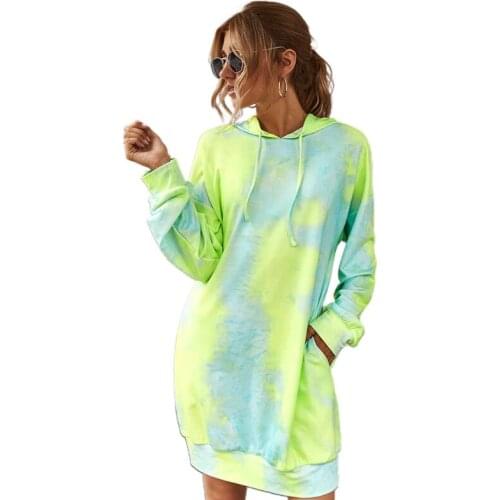 Women Drawstring Midi Hoodie Dress 2020 Autumn Tie-Dye Casual Loose Pullover Tunic Tops Long Sleeve Sweatshirt with Pockets