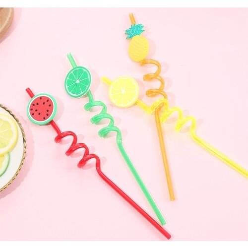 4Pcs Cartoon Lime Lemon Pineapple Watermelon Plastic Spiral Drinking Straws Children Use Birthday Party Bar Club Juice Wine Cup