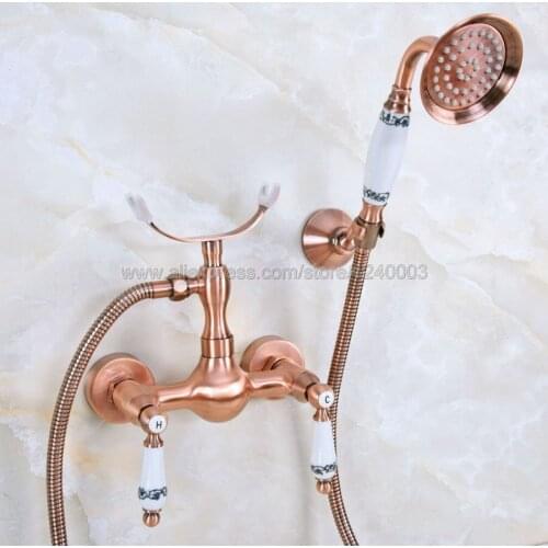 Antique Red Copper Bathroom Shower Faucet Bath Faucet Mixer Tap With Hand Shower Head Set Wall Mounted Kna355