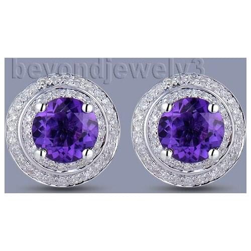 Fantastic Gorgeous Round 7mm Solid 14Kt White Gold Amethyst Wedding Earrings ER002