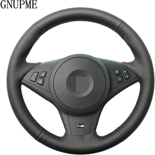 GNUPME DIY Black Hand-stitched Artificial Leather Car Steering Wheel Cover for BMW E60 530i E63 E64 635D