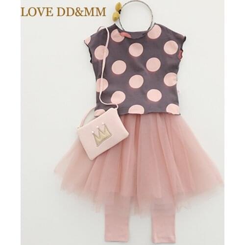 LOVE DD&MM Girls Sets 2020 New Childrens Clothing Dot Sleeveless T-Shirt + Fake Two Net Yarn Skirt Trousers Two-Piece Suit