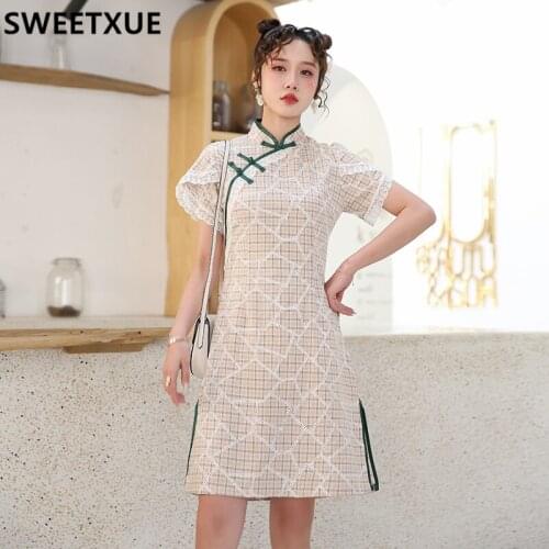 SWEETXUE Summer Womens Dresses 2021 New Fashion plaid Embroidery Fashion Chinese Style Cheongsam Lace Playful Dress