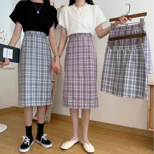 Summer Retro Plaid Split Long Skirt A-line Candy Check Printed Elastic Waist Mid-calf Preppy Cotton Skirts