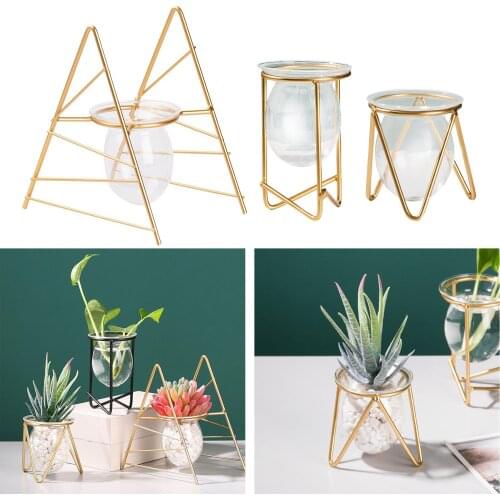 Metal Frame Flower Stand Glass Planter Pot Vase Bonsai Tabletop Home Gardern Decors DIY Display Box