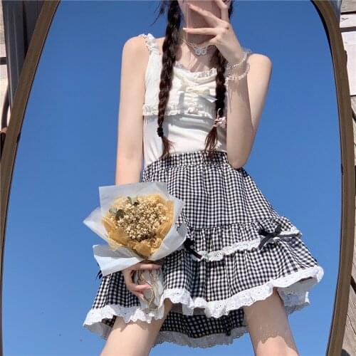 Japanese Sweet 2-Piece Set Summer Cute Bow Sexy Sleeveless White Y2k T-Shirt+High Elasticity Kawaii Plaid Mini Lace Skirt Suits