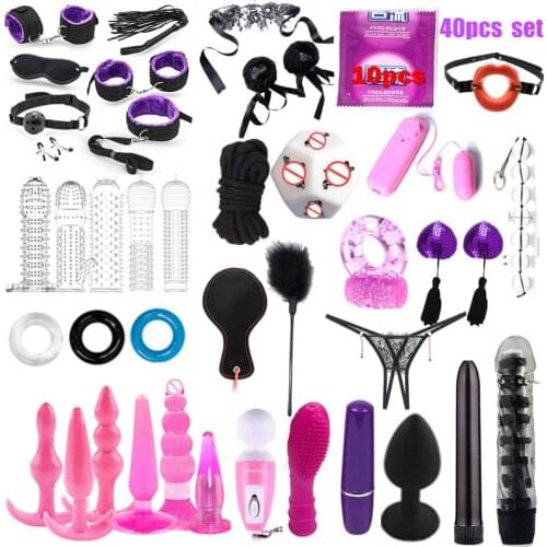 40pcs Nylon BDSM Sex Bondage Set Handcuffs Nipple Clamps CollarGag Whip Rope Tail Anal plug Vibrator Couples Sex Toys for Adults
