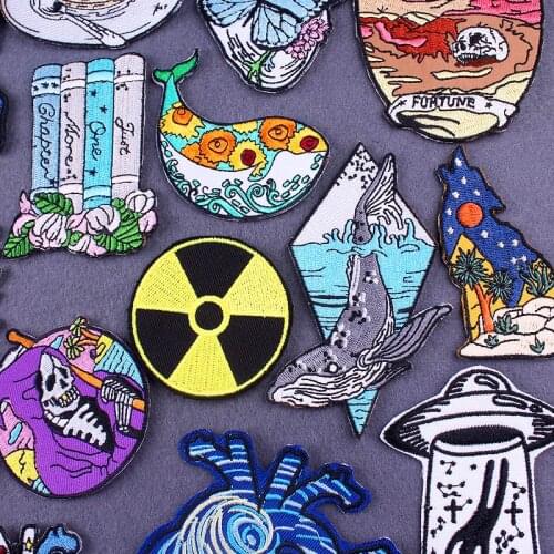 Whale Embroidered Patches For Clothes Hippie Patch Iron On Patches On Clothes Radiation Badge Punk Skull Biker Patch For Jacket