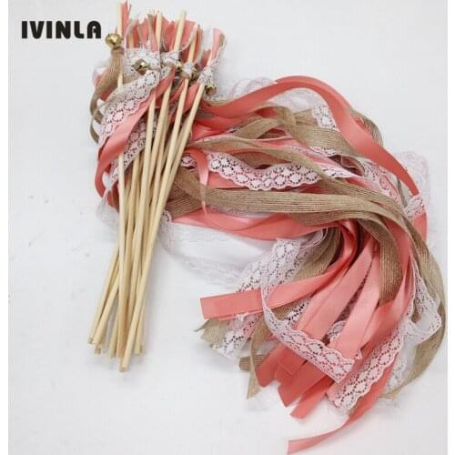Newest-50pcs/lot Coral + jute barlap nature + Lace Wedding Ribbon Wands,Wedding Confetti Stream Ribbon Sticks Wands with Bells